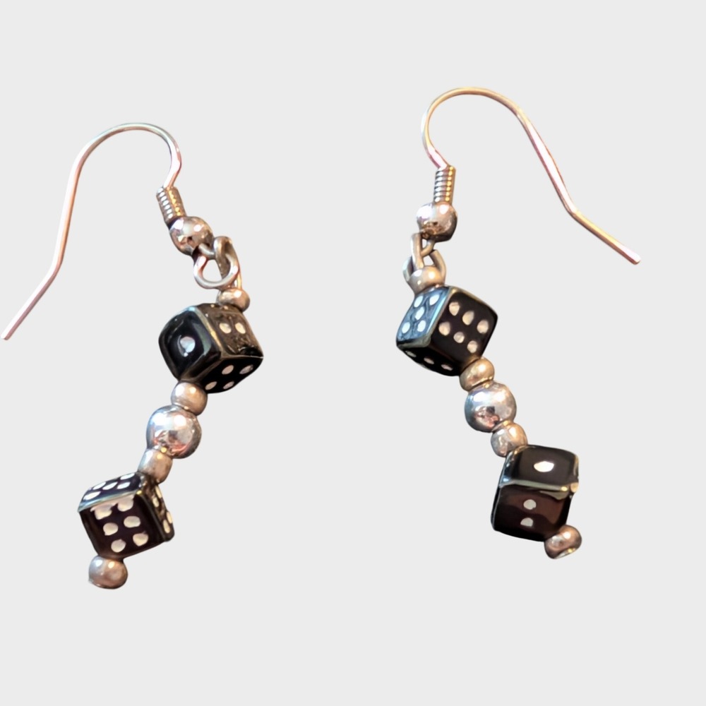 Vintage Black Dice Pierced Earrings Retro Rockabilly Dangle Drop Lucky